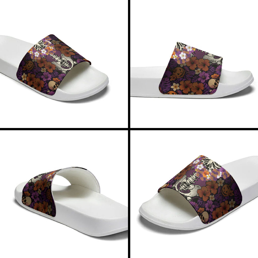 Hawaii Halloween Slide Sandals Skeleton Bones Flower Lei Tropical Floral DT05 - Polynesian Pride