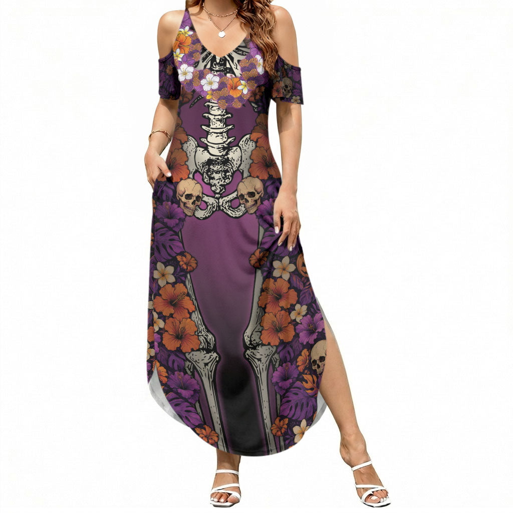 Hawaii Halloween Summer Maxi Dress Skeleton Bones Flower Lei Tropical Floral DT05 Women Black - Polynesian Pride