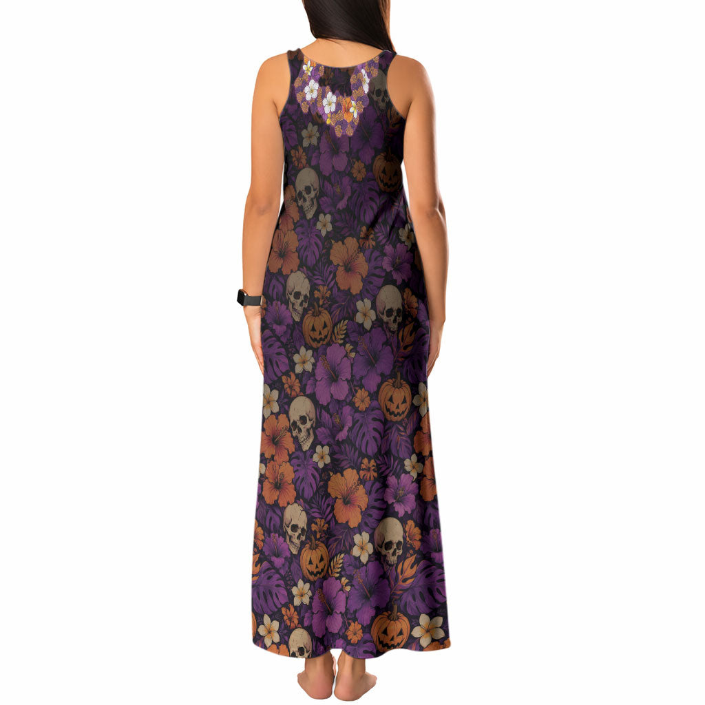 Hawaii Halloween Tank Maxi Dress Skeleton Bones Flower Lei Tropical Floral DT05 - Polynesian Pride