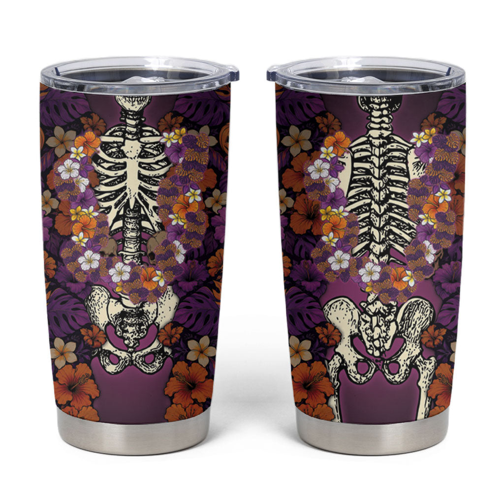Hawaii Halloween Tumbler Cup Skeleton Bones Flower Lei Tropical Floral DT05 Black - Polynesian Pride