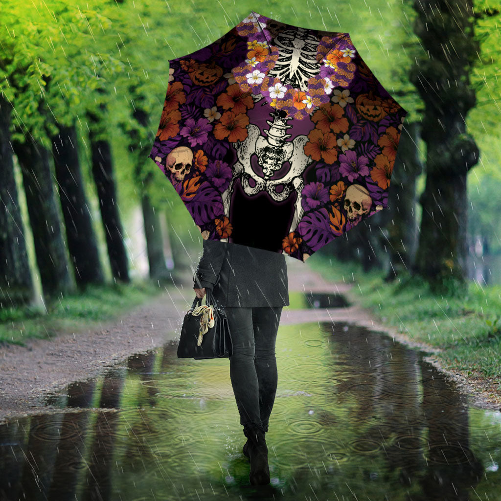 Hawaii Halloween Umbrella Skeleton Bones Flower Lei Tropical Floral DT05 - Polynesian Pride