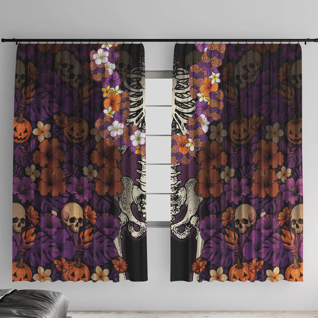 Hawaii Halloween Window Curtain Skeleton Bones Flower Lei Tropical Floral DT05 With Hooks Black - Polynesian Pride