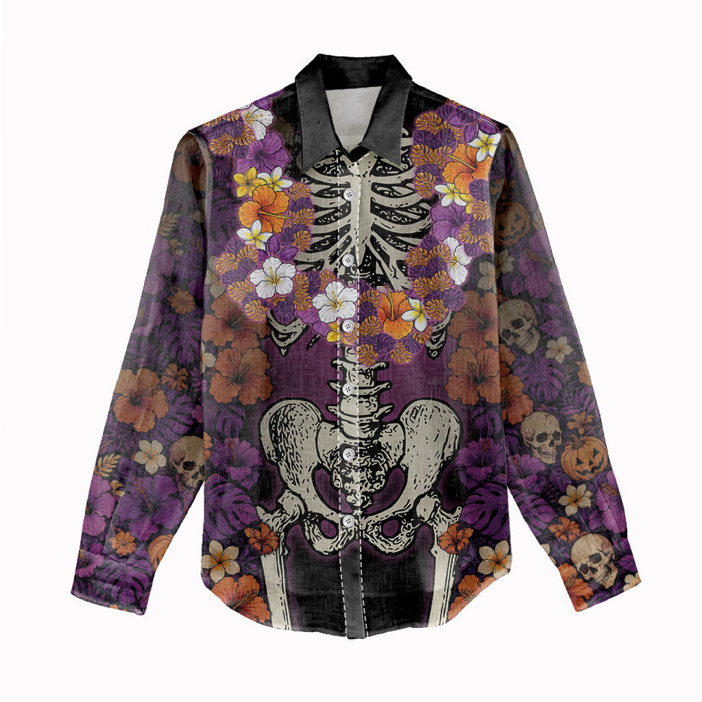 Hawaii Halloween Women Casual Shirt Skeleton Bones Flower Lei Tropical Floral DT05 - Polynesian Pride