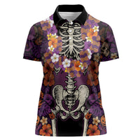 Hawaii Halloween Women Polo Shirt Skeleton Bones Flower Lei Tropical Floral DT05 Female Black - Polynesian Pride