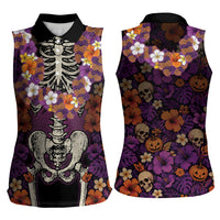 Hawaii Halloween Women Sleeveless Polo Shirt Skeleton Bones Flower Lei Tropical Floral DT05 - Polynesian Pride