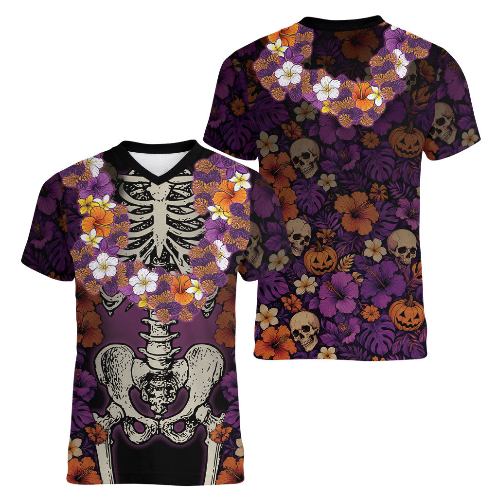 Hawaii Halloween Women V-Neck T-Shirt Skeleton Bones Flower Lei Tropical Floral DT05 - Polynesian Pride
