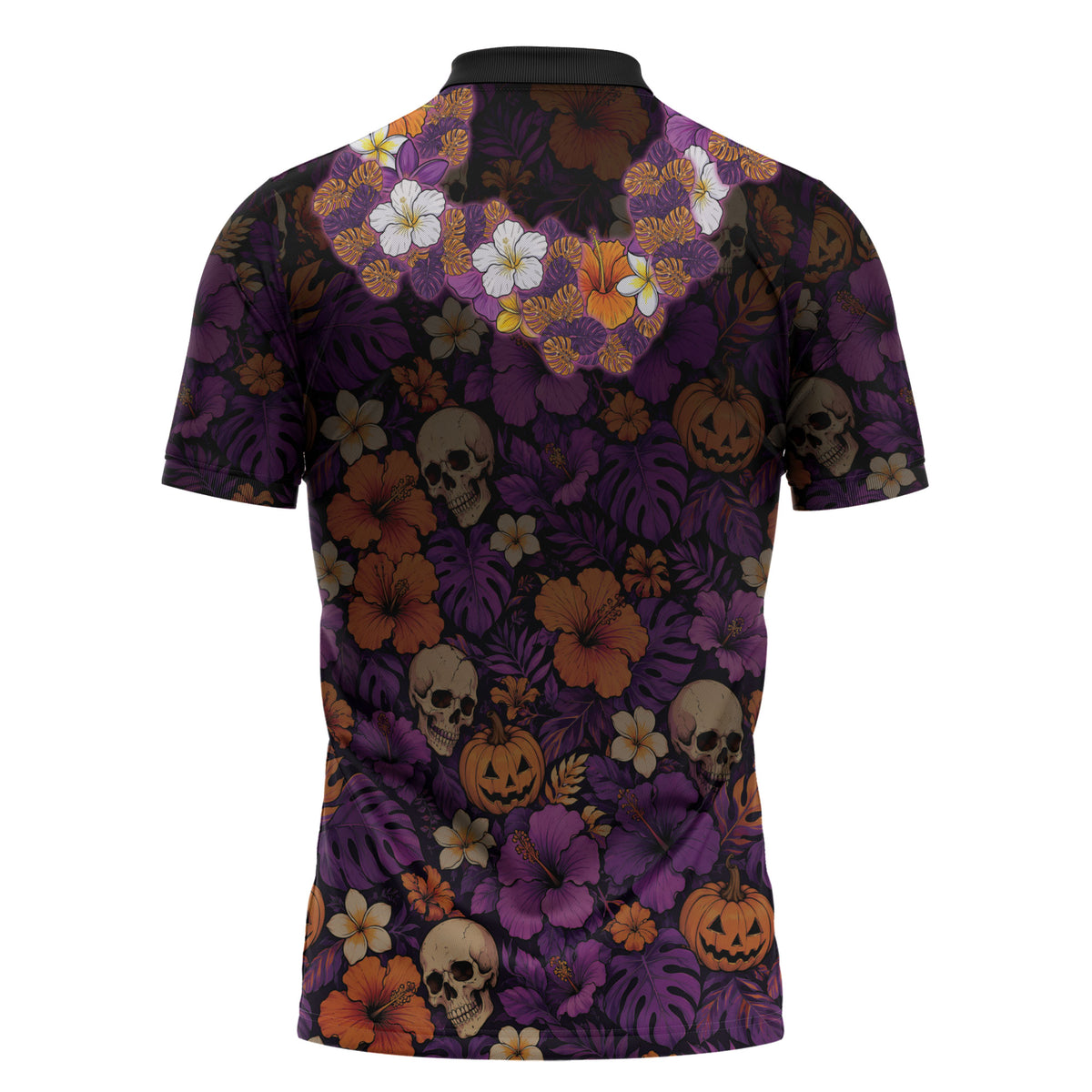 Hawaii Halloween Zipper Polo Shirt Skeleton Bones Flower Lei Tropical Floral DT05 - Polynesian Pride