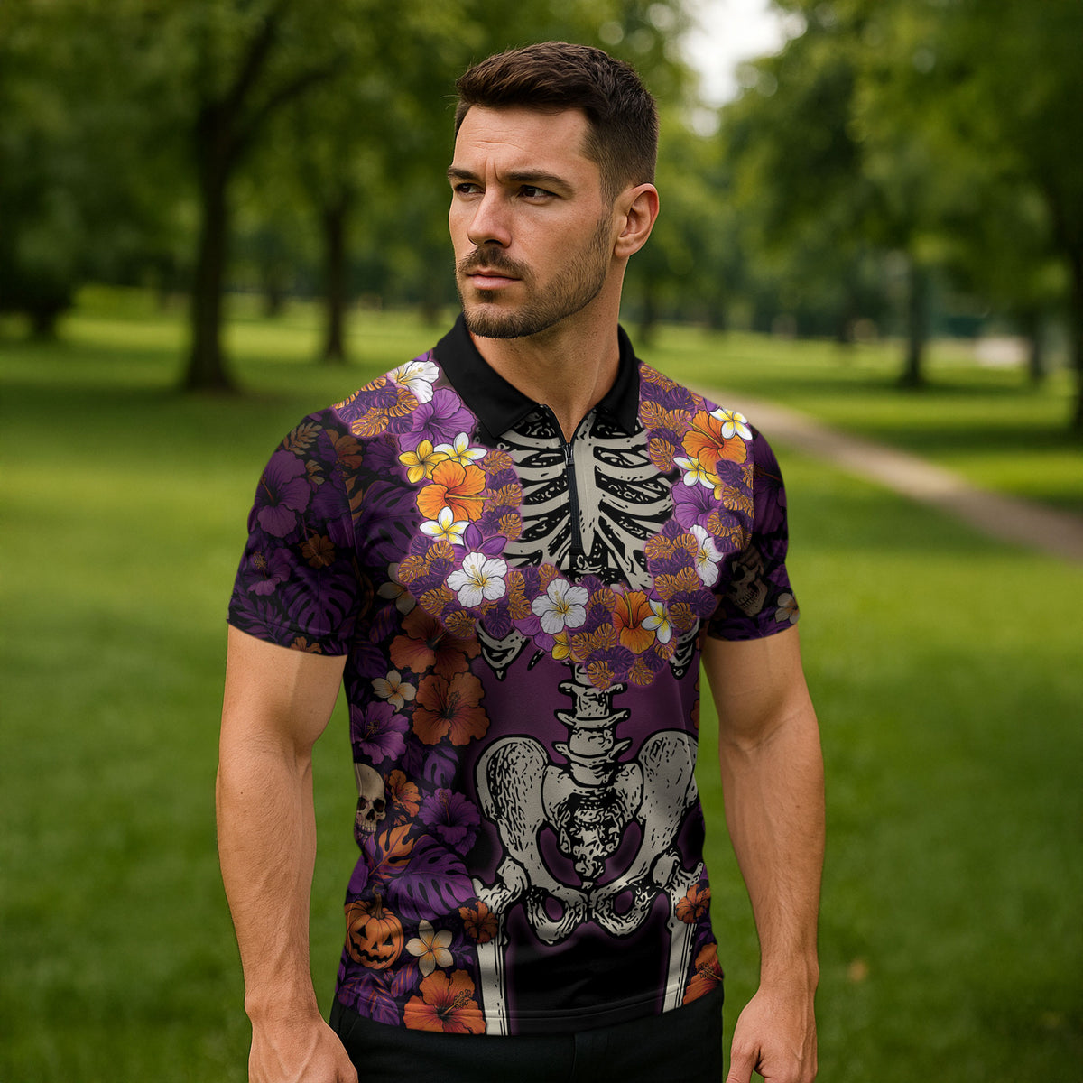 Hawaii Halloween Zipper Polo Shirt Skeleton Bones Flower Lei Tropical Floral DT05 - Polynesian Pride