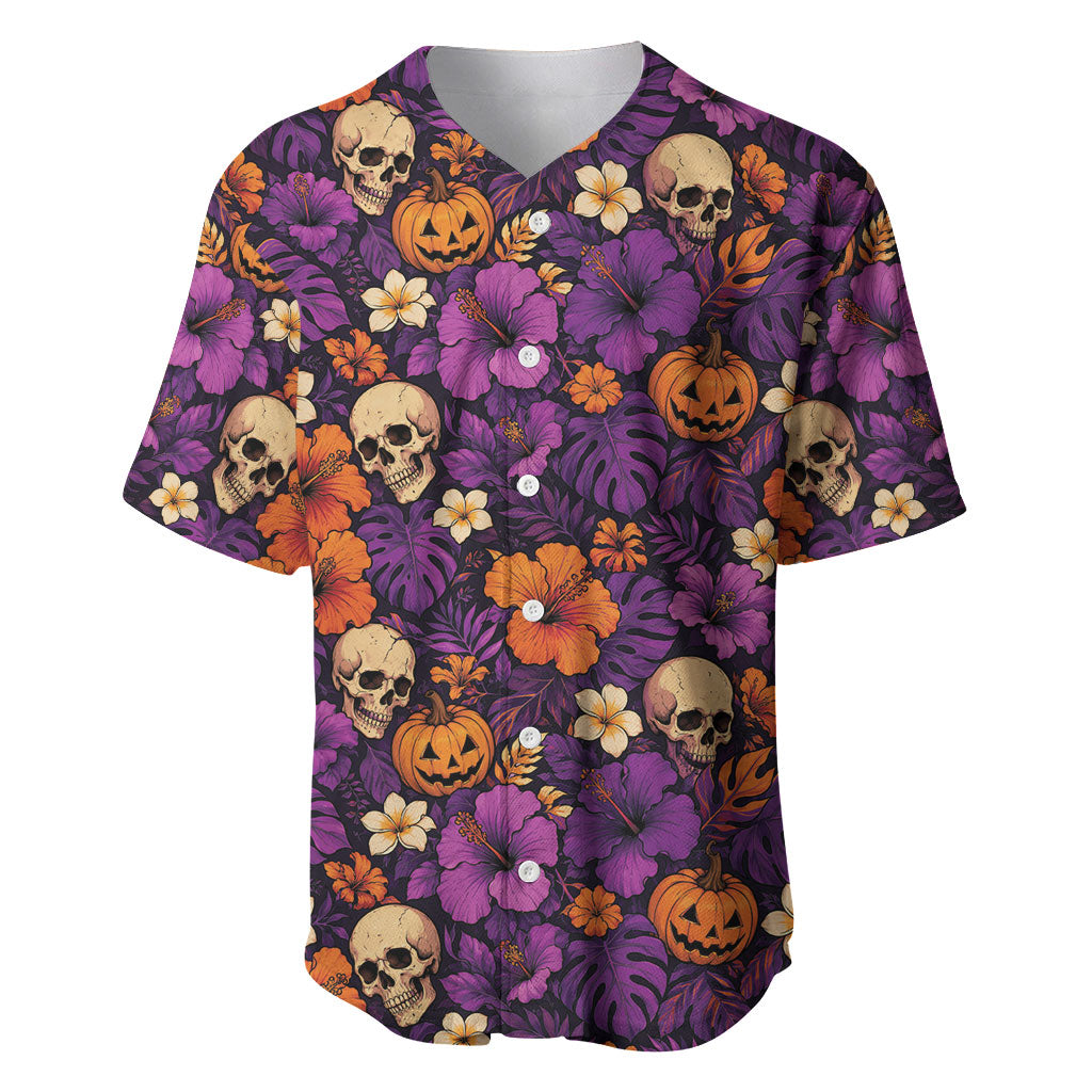 Hawaii Halloween Baseball Jersey Skeleton Pumpkin Hawaiian Flower Tribal DT05 Purple - Polynesian Pride