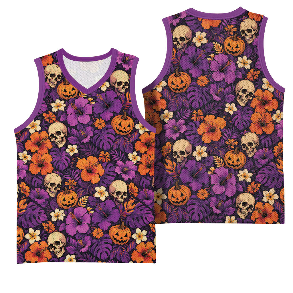 Hawaii Halloween Basketball Jersey Skeleton Pumpkin Hawaiian Flower Tribal DT05 - Polynesian Pride