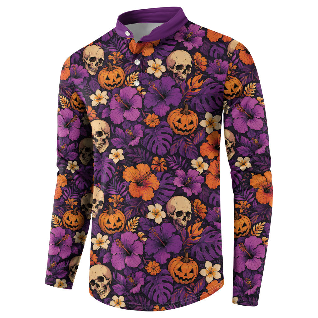 Hawaii Halloween Button Sweatshirt Skeleton Pumpkin Hawaiian Flower Tribal DT05 - Polynesian Pride