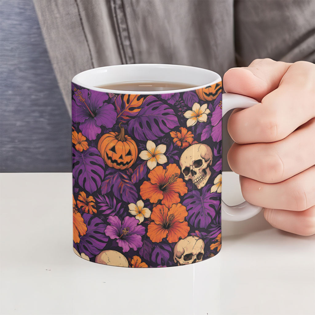 Hawaii Halloween Ceramic Mug Skeleton Pumpkin Hawaiian Flower Tribal DT05 - Polynesian Pride