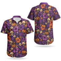 Hawaii Halloween Couples Matching Long Sleeve Bodycon Dress and Hawaiian Shirt Skeleton Pumpkin Hawaiian Flower Tribal DT05 - Polynesian Pride