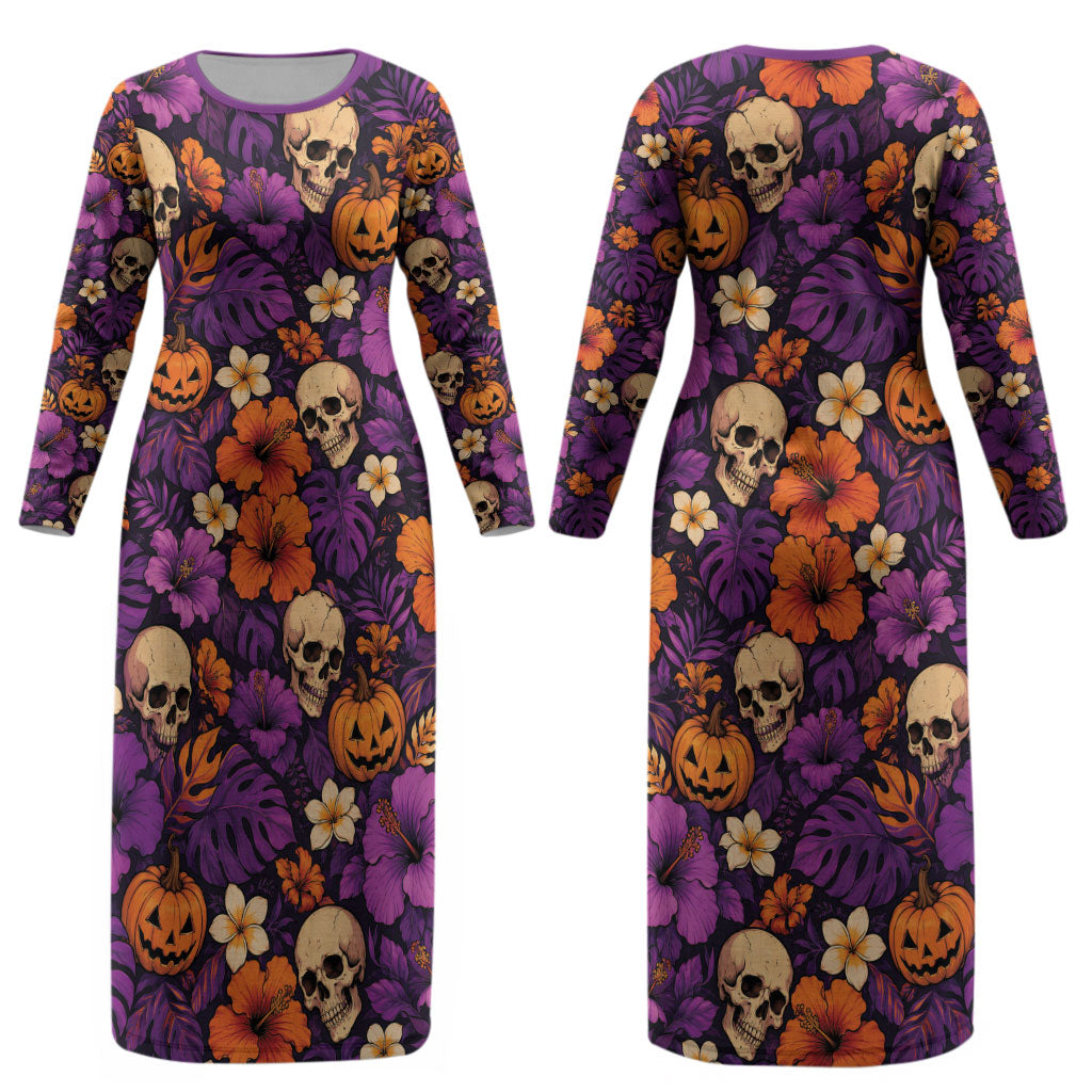 Hawaii Halloween Couples Matching Long Sleeve Bodycon Dress and Hawaiian Shirt Skeleton Pumpkin Hawaiian Flower Tribal DT05 - Polynesian Pride