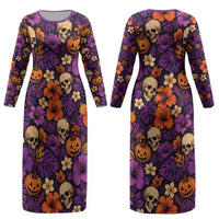 Hawaii Halloween Couples Matching Long Sleeve Bodycon Dress and Hawaiian Shirt Skeleton Pumpkin Hawaiian Flower Tribal DT05 - Polynesian Pride
