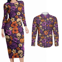Hawaii Halloween Couples Matching Long Sleeve Bodycon Dress and Long Sleeve Button Shirt Skeleton Pumpkin Hawaiian Flower Tribal DT05 Purple - Polynesian Pride