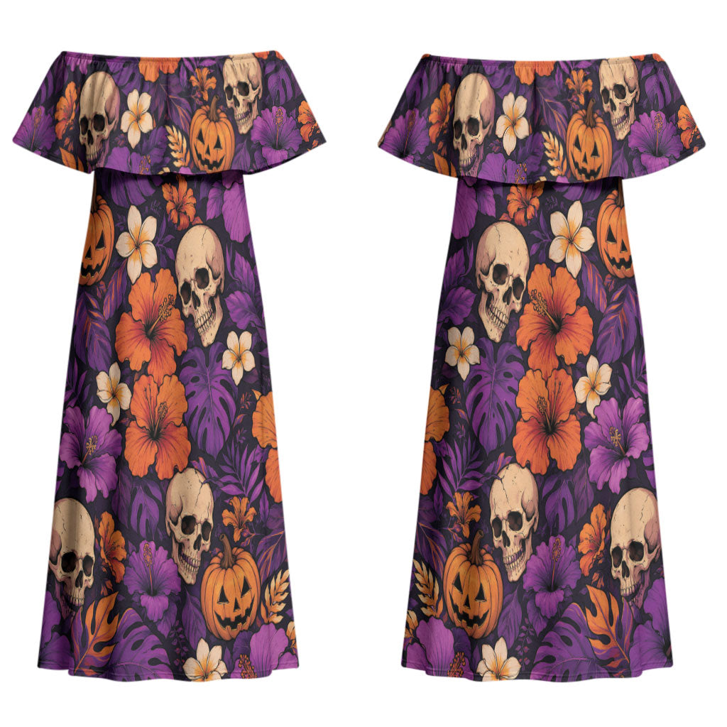Hawaii Halloween Couples Matching Off Shoulder Maxi Dress and Hawaiian Shirt Skeleton Pumpkin Hawaiian Flower Tribal DT05 - Polynesian Pride