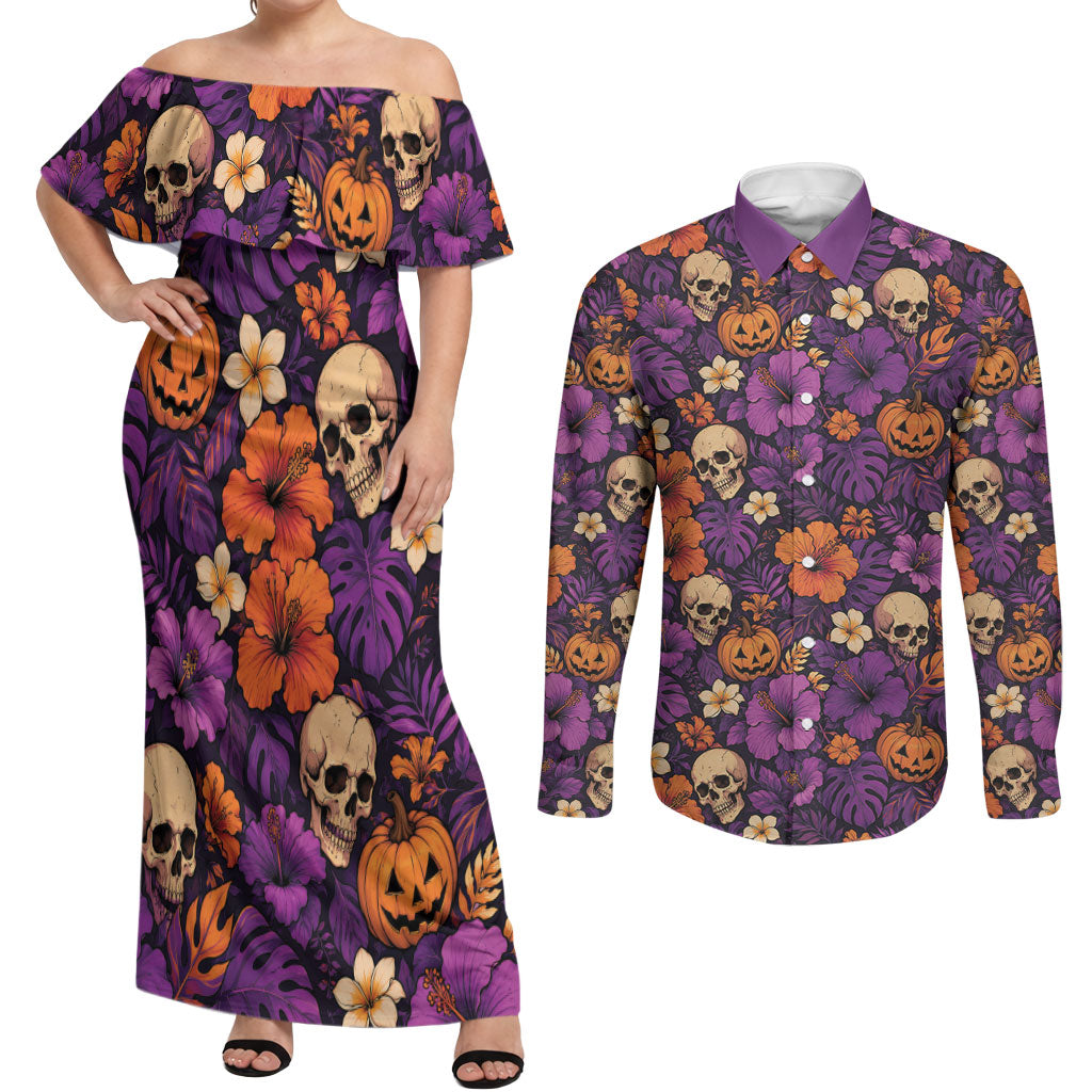 Hawaii Halloween Couples Matching Off Shoulder Maxi Dress and Long Sleeve Button Shirt Skeleton Pumpkin Hawaiian Flower Tribal DT05 Purple - Polynesian Pride