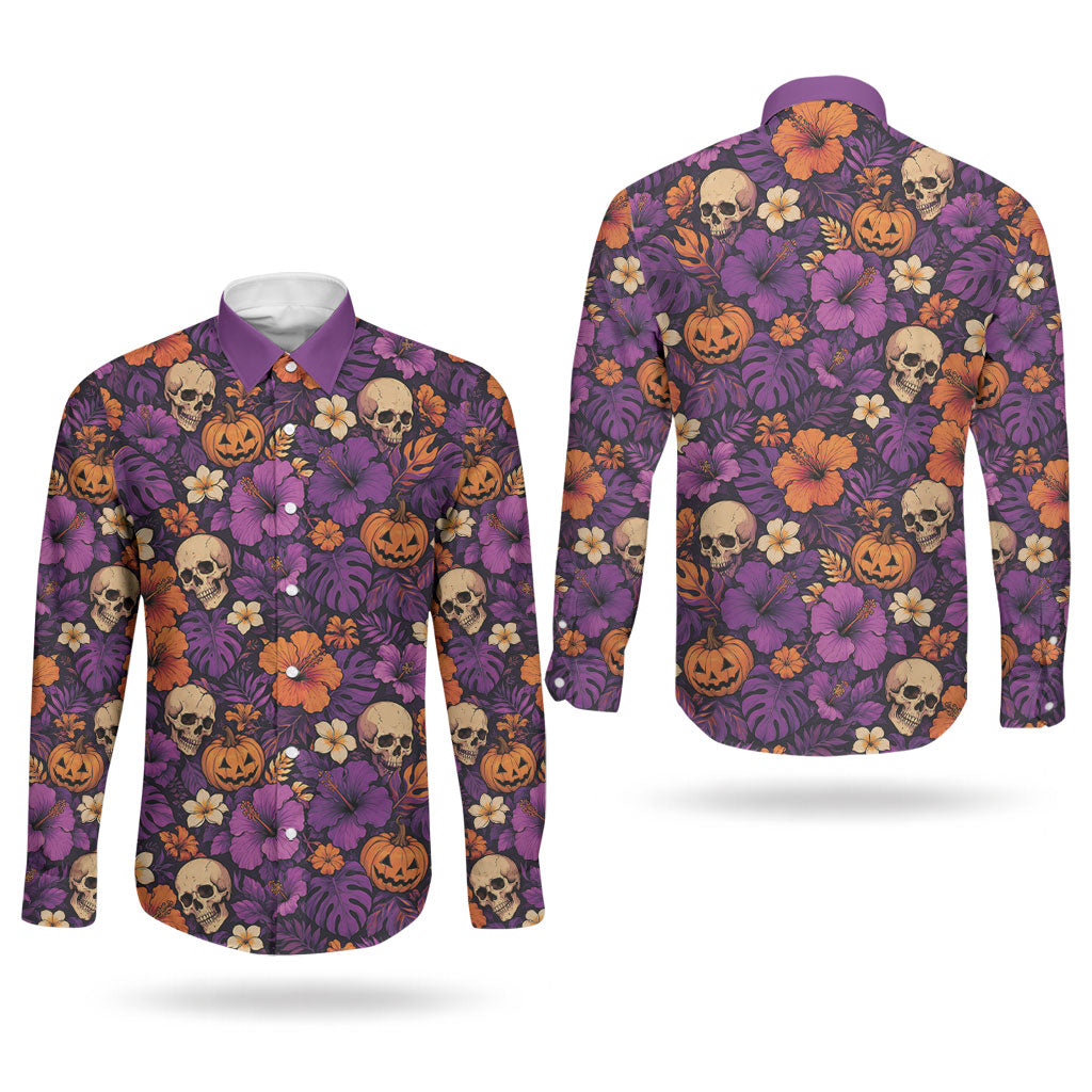 Hawaii Halloween Couples Matching Off Shoulder Maxi Dress and Long Sleeve Button Shirt Skeleton Pumpkin Hawaiian Flower Tribal DT05 - Polynesian Pride