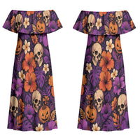 Hawaii Halloween Couples Matching Off Shoulder Maxi Dress and Long Sleeve Button Shirt Skeleton Pumpkin Hawaiian Flower Tribal DT05 - Polynesian Pride