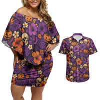 Hawaii Halloween Couples Matching Off Shoulder Short Dress and Hawaiian Shirt Skeleton Pumpkin Hawaiian Flower Tribal DT05 Purple - Polynesian Pride
