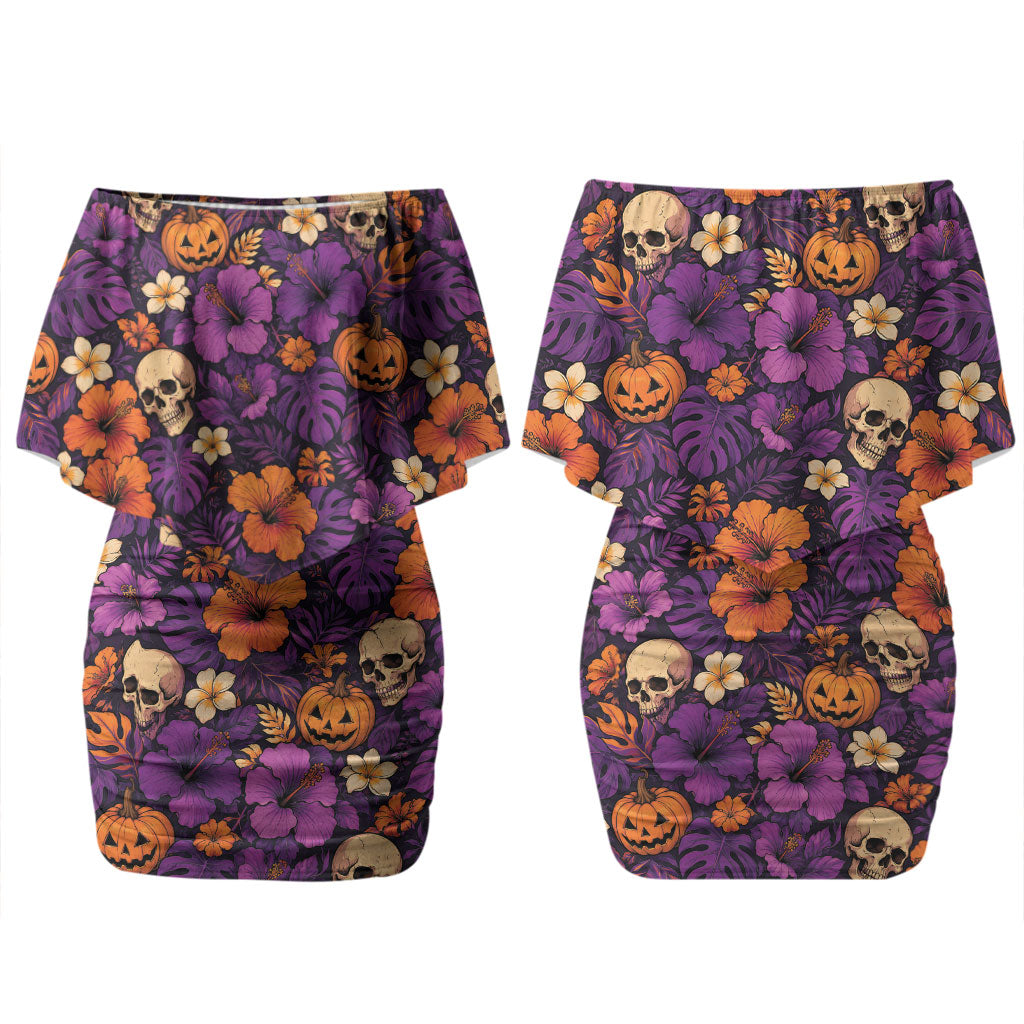 Hawaii Halloween Couples Matching Off Shoulder Short Dress and Long Sleeve Button Shirt Skeleton Pumpkin Hawaiian Flower Tribal DT05 - Polynesian Pride