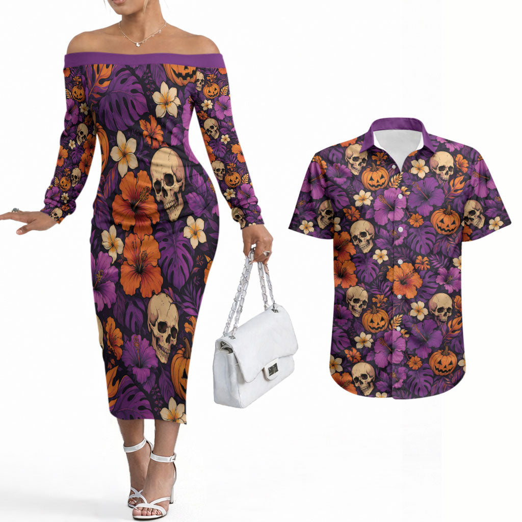 Hawaii Halloween Couples Matching Off The Shoulder Long Sleeve Dress and Hawaiian Shirt Skeleton Pumpkin Hawaiian Flower Tribal DT05 Purple - Polynesian Pride