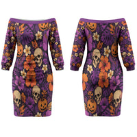 Hawaii Halloween Couples Matching Off The Shoulder Long Sleeve Dress and Long Sleeve Button Shirt Skeleton Pumpkin Hawaiian Flower Tribal DT05 - Polynesian Pride