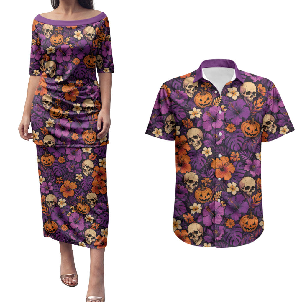 Hawaii Halloween Couples Matching Puletasi and Hawaiian Shirt Skeleton Pumpkin Hawaiian Flower Tribal DT05 Purple - Polynesian Pride