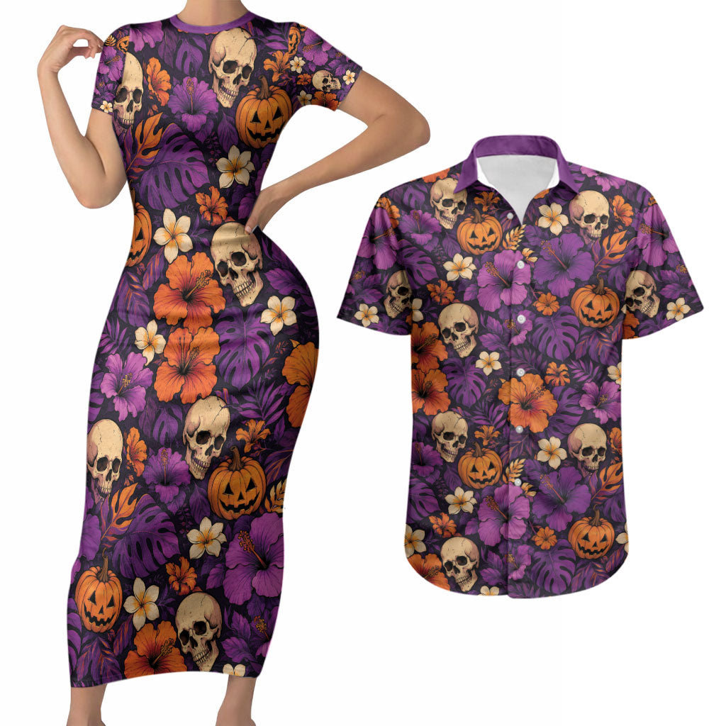Hawaii Halloween Couples Matching Short Sleeve Bodycon Dress and Hawaiian Shirt Skeleton Pumpkin Hawaiian Flower Tribal DT05 Purple - Polynesian Pride