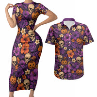 Hawaii Halloween Couples Matching Short Sleeve Bodycon Dress and Hawaiian Shirt Skeleton Pumpkin Hawaiian Flower Tribal DT05 Purple - Polynesian Pride