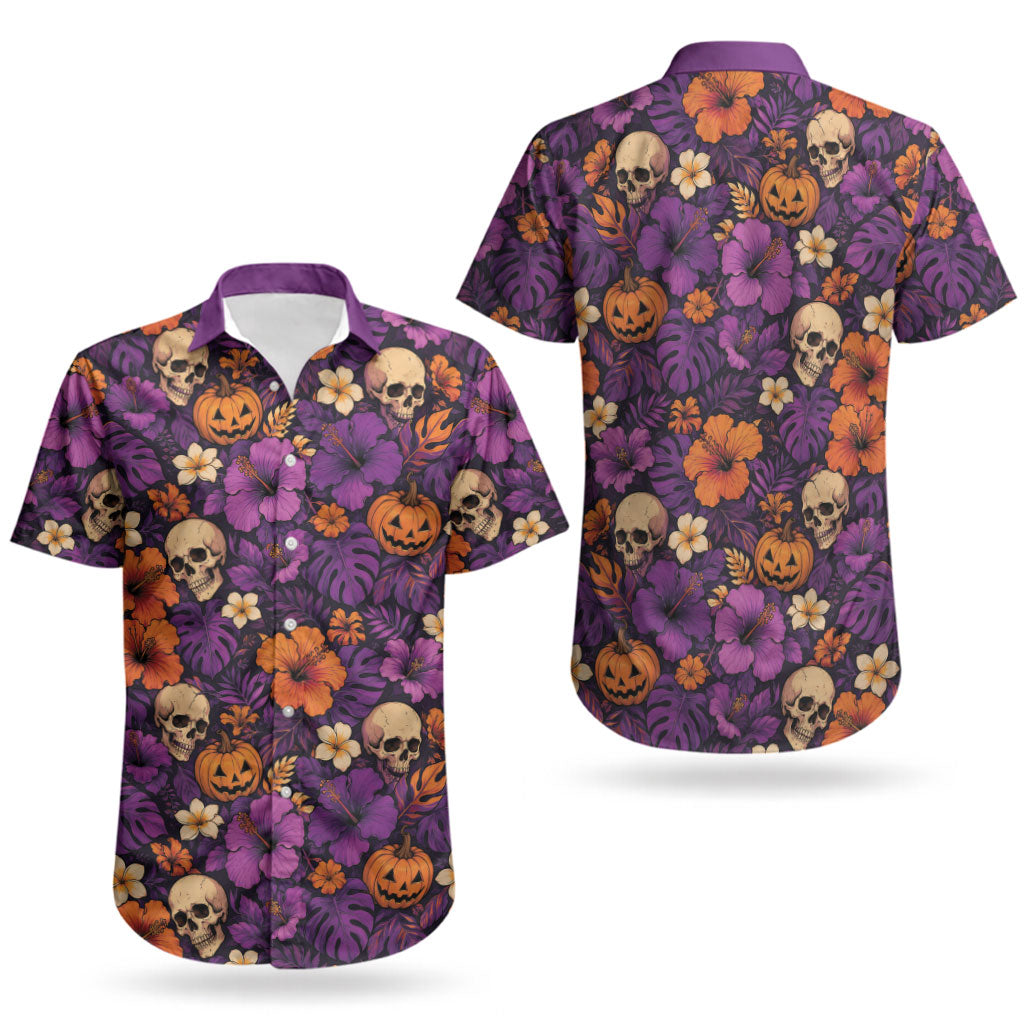 Hawaii Halloween Couples Matching Short Sleeve Bodycon Dress and Hawaiian Shirt Skeleton Pumpkin Hawaiian Flower Tribal DT05 - Polynesian Pride