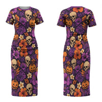 Hawaii Halloween Couples Matching Short Sleeve Bodycon Dress and Hawaiian Shirt Skeleton Pumpkin Hawaiian Flower Tribal DT05 - Polynesian Pride