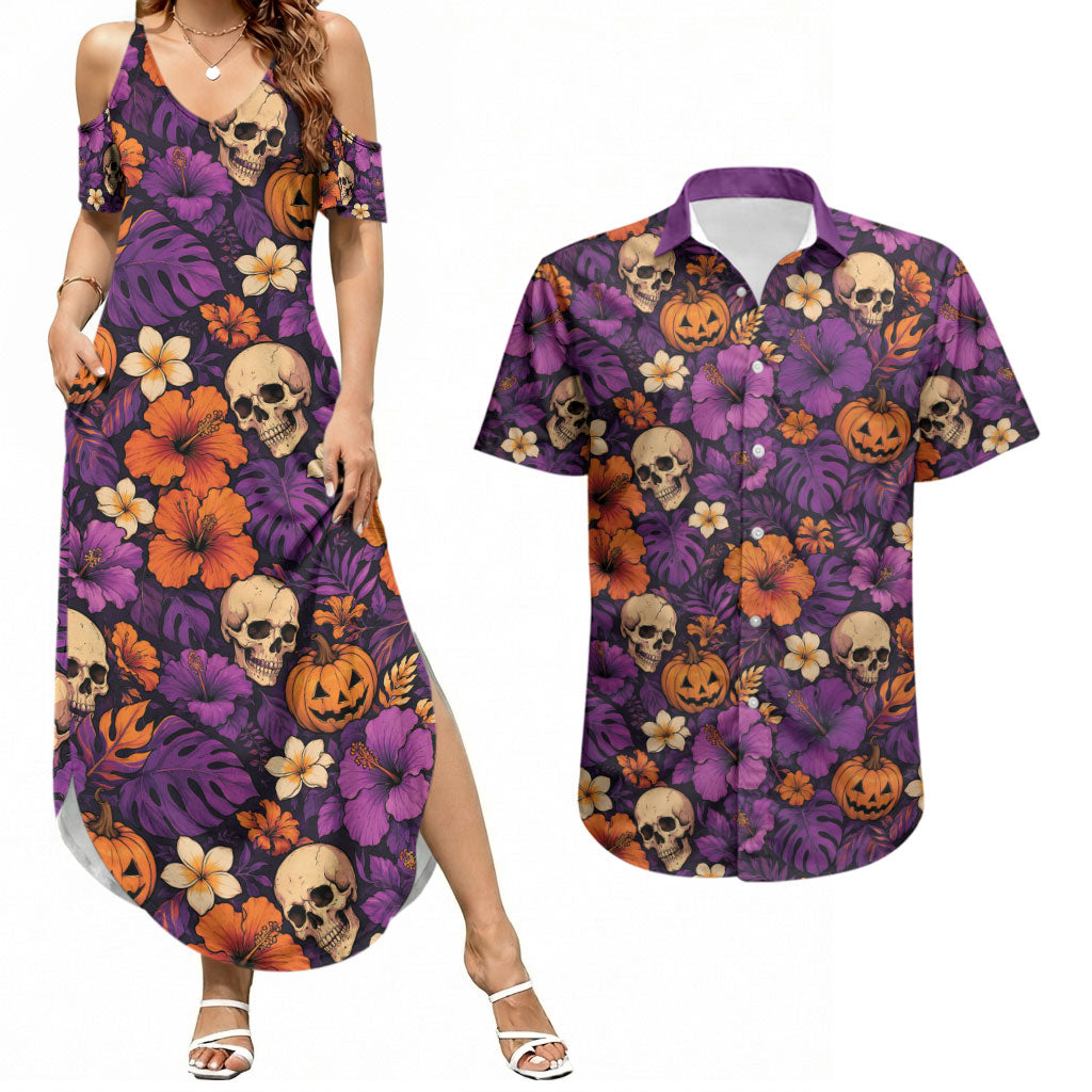 Hawaii Halloween Couples Matching Summer Maxi Dress and Hawaiian Shirt Skeleton Pumpkin Hawaiian Flower Tribal DT05 Purple - Polynesian Pride
