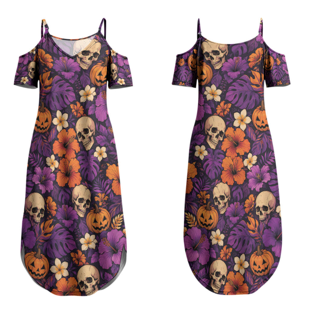 Hawaii Halloween Couples Matching Summer Maxi Dress and Hawaiian Shirt Skeleton Pumpkin Hawaiian Flower Tribal DT05 - Polynesian Pride