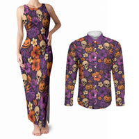 Hawaii Halloween Couples Matching Tank Maxi Dress and Long Sleeve Button Shirt Skeleton Pumpkin Hawaiian Flower Tribal DT05 Purple - Polynesian Pride