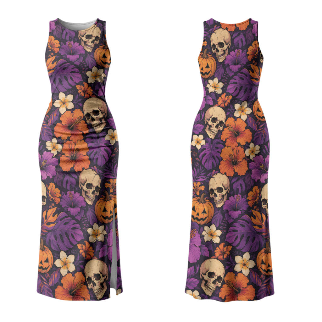 Hawaii Halloween Couples Matching Tank Maxi Dress and Long Sleeve Button Shirt Skeleton Pumpkin Hawaiian Flower Tribal DT05 - Polynesian Pride