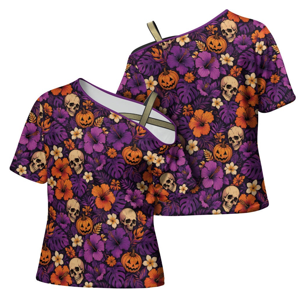 Hawaii Halloween Cross Shoulder Shirt Skeleton Pumpkin Hawaiian Flower Tribal DT05 - Polynesian Pride