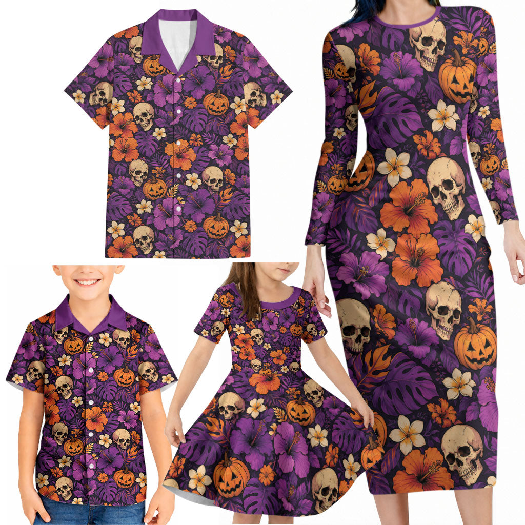 Hawaii Halloween Family Matching Long Sleeve Bodycon Dress and Hawaiian Shirt Skeleton Pumpkin Hawaiian Flower Tribal DT05 - Polynesian Pride