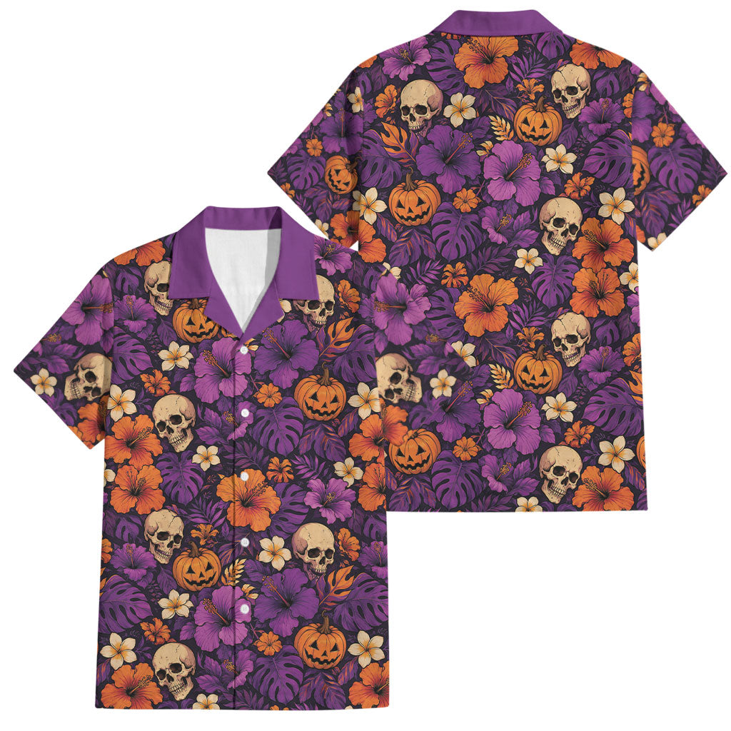 Hawaii Halloween Family Matching Long Sleeve Bodycon Dress and Hawaiian Shirt Skeleton Pumpkin Hawaiian Flower Tribal DT05 Dad's Shirt - Short Sleeve Purple - Polynesian Pride
