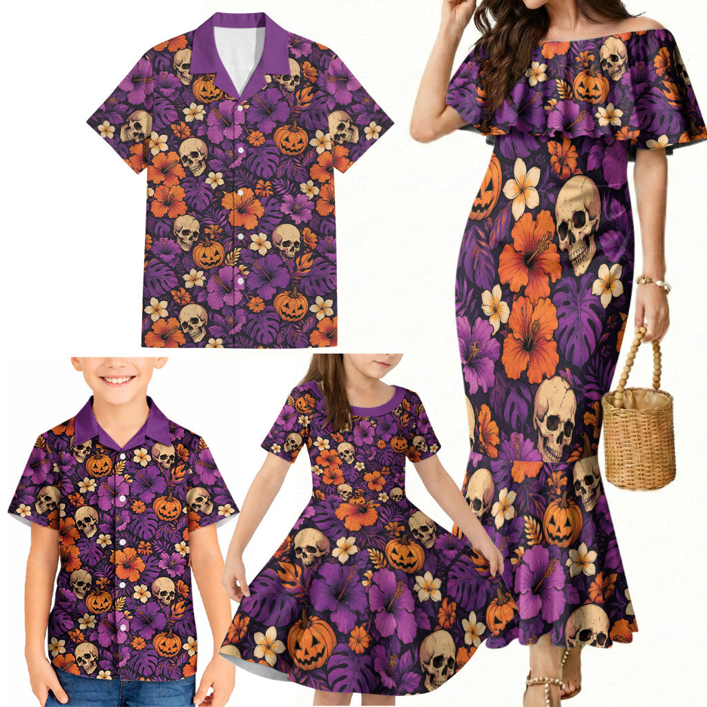Hawaii Halloween Family Matching Mermaid Dress and Hawaiian Shirt Skeleton Pumpkin Hawaiian Flower Tribal DT05 - Polynesian Pride