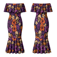 Hawaii Halloween Family Matching Mermaid Dress and Hawaiian Shirt Skeleton Pumpkin Hawaiian Flower Tribal DT05 Mom's Dress Purple - Polynesian Pride