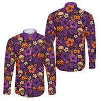 Hawaii Halloween Family Matching Mermaid Dress and Hawaiian Shirt Skeleton Pumpkin Hawaiian Flower Tribal DT05 Dad's Shirt - Long Sleeve Purple - Polynesian Pride
