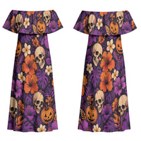 Hawaii Halloween Family Matching Off Shoulder Maxi Dress and Hawaiian Shirt Skeleton Pumpkin Hawaiian Flower Tribal DT05 Mom's Dress Purple - Polynesian Pride