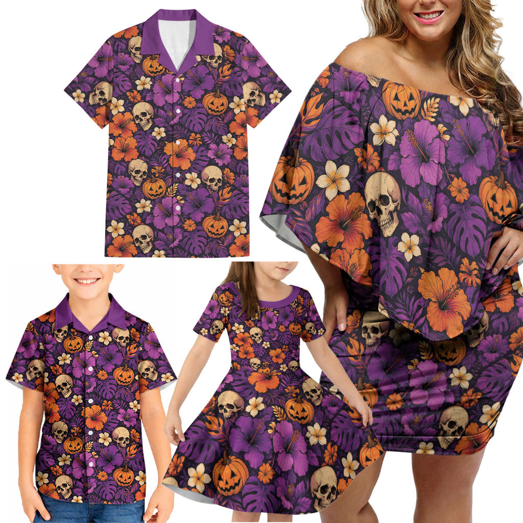 Hawaii Halloween Family Matching Off Shoulder Short Dress and Hawaiian Shirt Skeleton Pumpkin Hawaiian Flower Tribal DT05 - Polynesian Pride