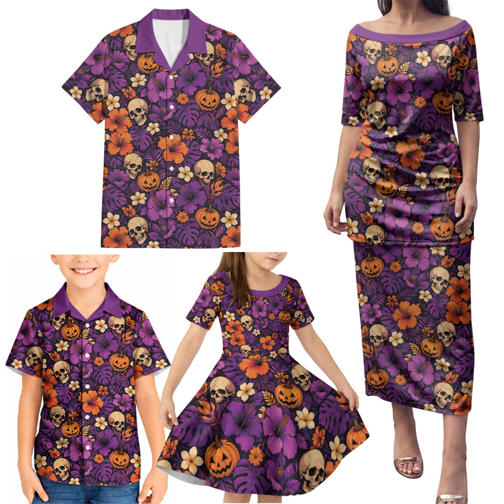 Hawaii Halloween Family Matching Puletasi and Hawaiian Shirt Skeleton Pumpkin Hawaiian Flower Tribal DT05 - Polynesian Pride