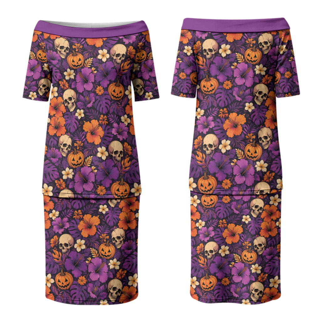 Hawaii Halloween Family Matching Puletasi and Hawaiian Shirt Skeleton Pumpkin Hawaiian Flower Tribal DT05 Mom's Dress Purple - Polynesian Pride
