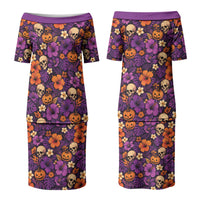 Hawaii Halloween Family Matching Puletasi and Hawaiian Shirt Skeleton Pumpkin Hawaiian Flower Tribal DT05 Mom's Dress Purple - Polynesian Pride