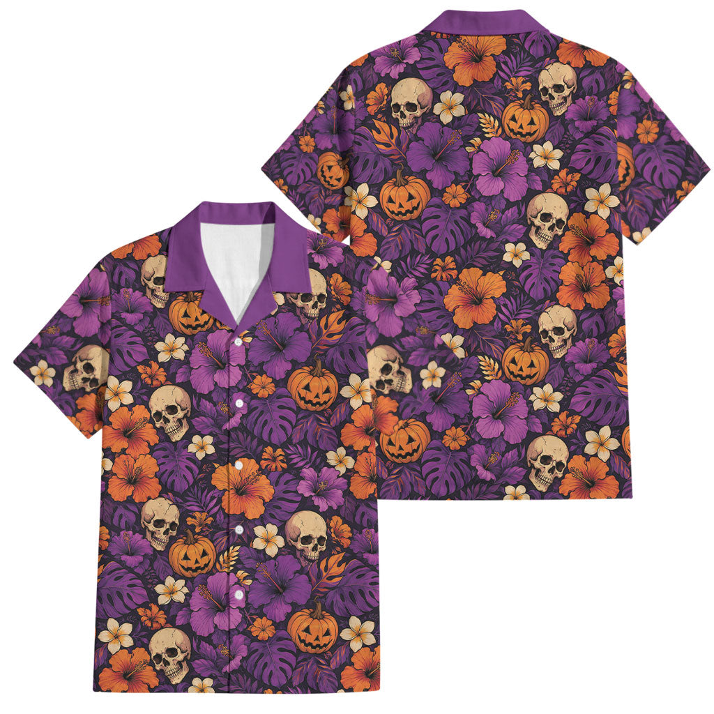 Hawaii Halloween Family Matching Puletasi and Hawaiian Shirt Skeleton Pumpkin Hawaiian Flower Tribal DT05 Dad's Shirt - Short Sleeve Purple - Polynesian Pride