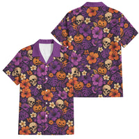 Hawaii Halloween Family Matching Puletasi and Hawaiian Shirt Skeleton Pumpkin Hawaiian Flower Tribal DT05 Dad's Shirt - Short Sleeve Purple - Polynesian Pride